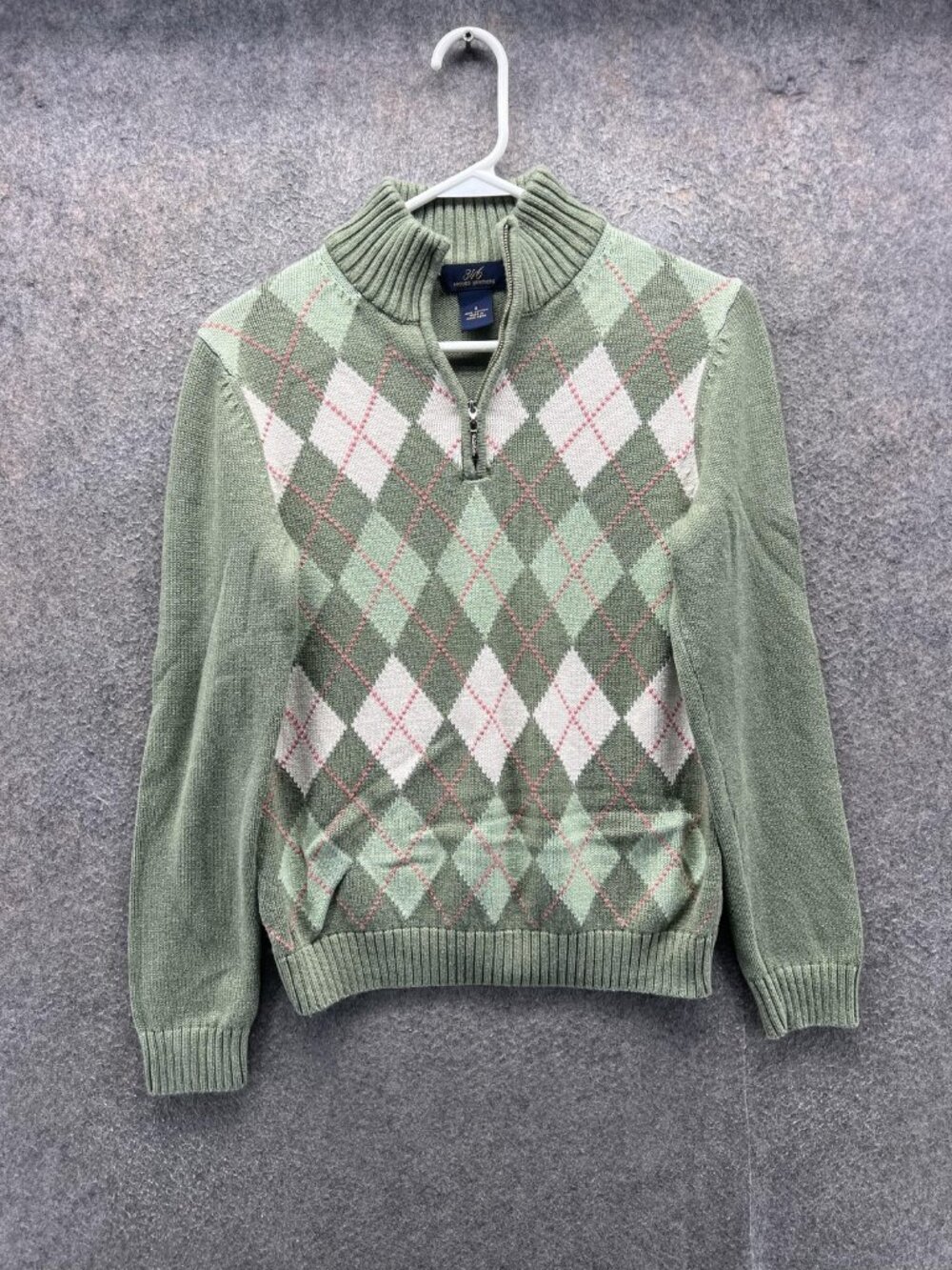 Brooks Brothers 346 Sweater Mens Small Green Argyle 1/4 Zip Mock Neck Cotton
